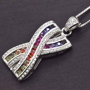 Silver Rainbow Sapphire X Shape Pendant Necklace